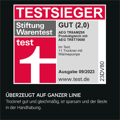 AEG Wärmepumpentrockner 8 kg – Serie 8000 AbsoluteCare Wolle- und Seidetrocknung – Testsieger der Stiftung Warentest – A+++ – Energiesparend – Trommelbeleuchtung – Knitterschutz – TR8AMZ68