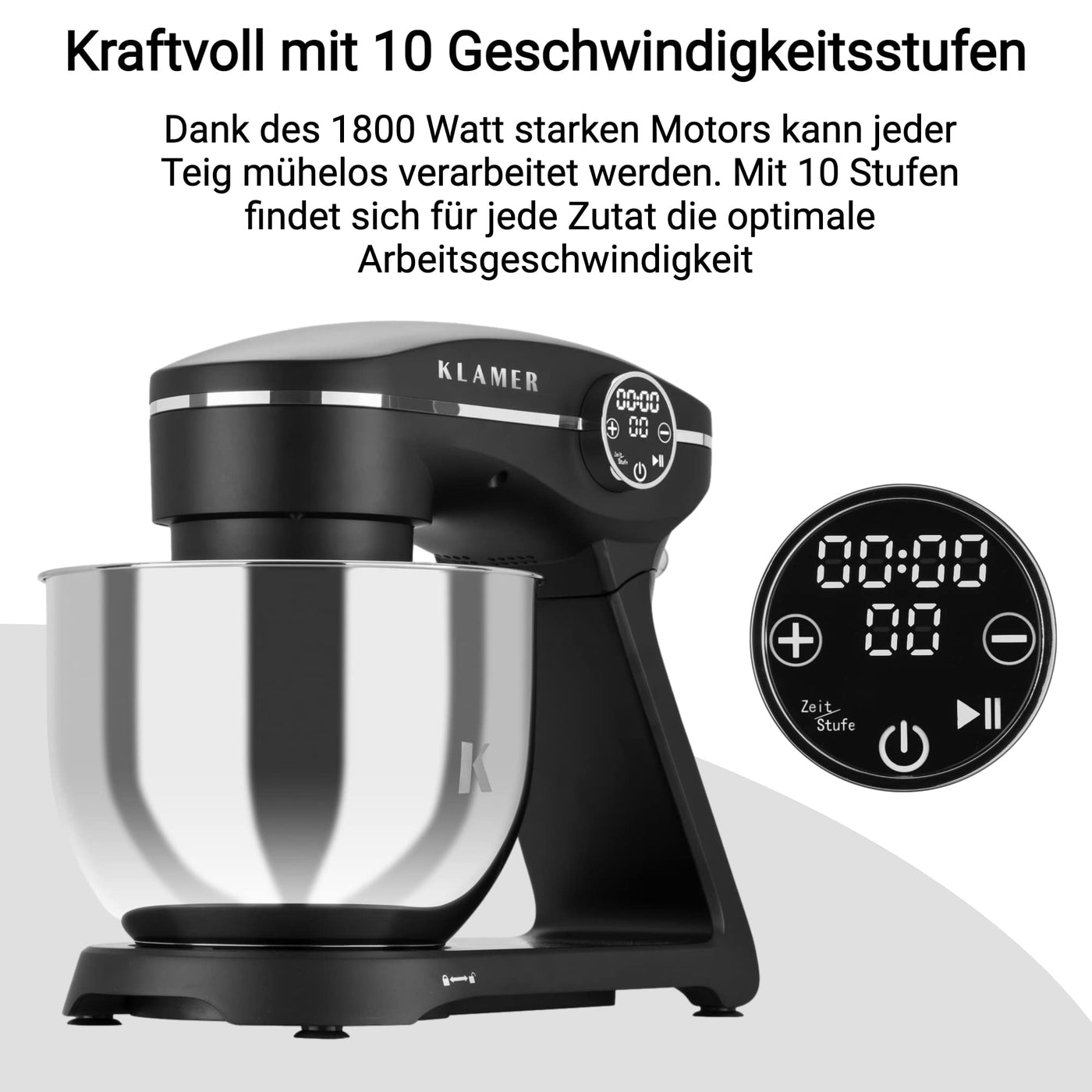 KLAMER Küchenmaschine 1800W, Knetmaschine mit 6 Liter Edelstahl Schüssel, 10 Geschwindigkeitsstufen mit Timer, Rührbesen, Knethaken, Schneebesen und Spritzschutz