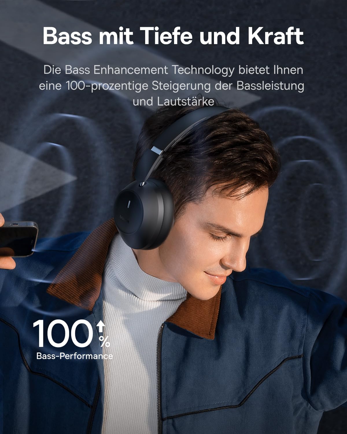 Baseus Bluetooth Kopfhörer Over Ear über dem Ohr mit kraftvollem Bass, 50 Stunden Spielzeit, ENC-Anrufklarheit, Geräuschisolierung, bequemer Passform, leichtem, faltbarem Kopfhörer