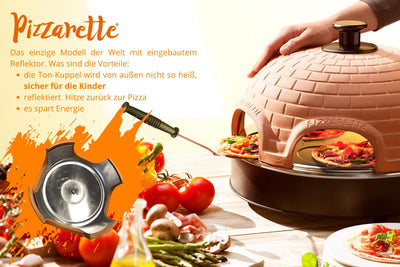 Emerio Pizzaofen, PIZZARETTE das Original, 1 handgemachte Terracotta Tonhaube, patentiertes Design, für Mini-Pizza, echter Familien-Spaß für 6 Personen, Terracotta Orange / Schwarz, PO-115984