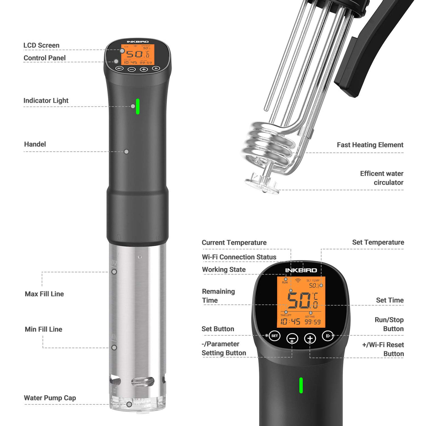 Inkbird Sous Vide Stick 1000 Watt,ISV-200W Sous Vide Garer App-Steuerung,360° Zirkulation,0℃-90℃ Temperatur