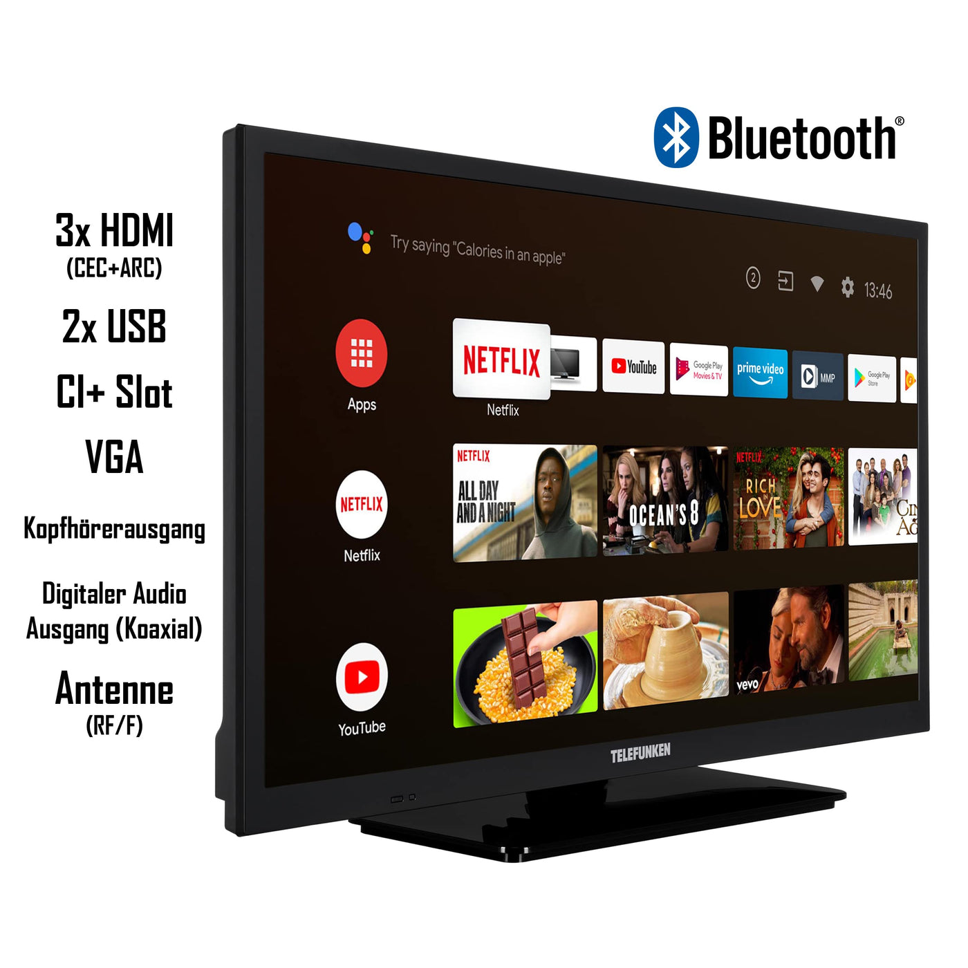 TELEFUNKEN XH24AN550MV 24 Zoll Fernseher/Android Smart TV (HD Ready, HDR, Triple-Tuner, 12 Volt, Bluetooth) [2023], Schwarz