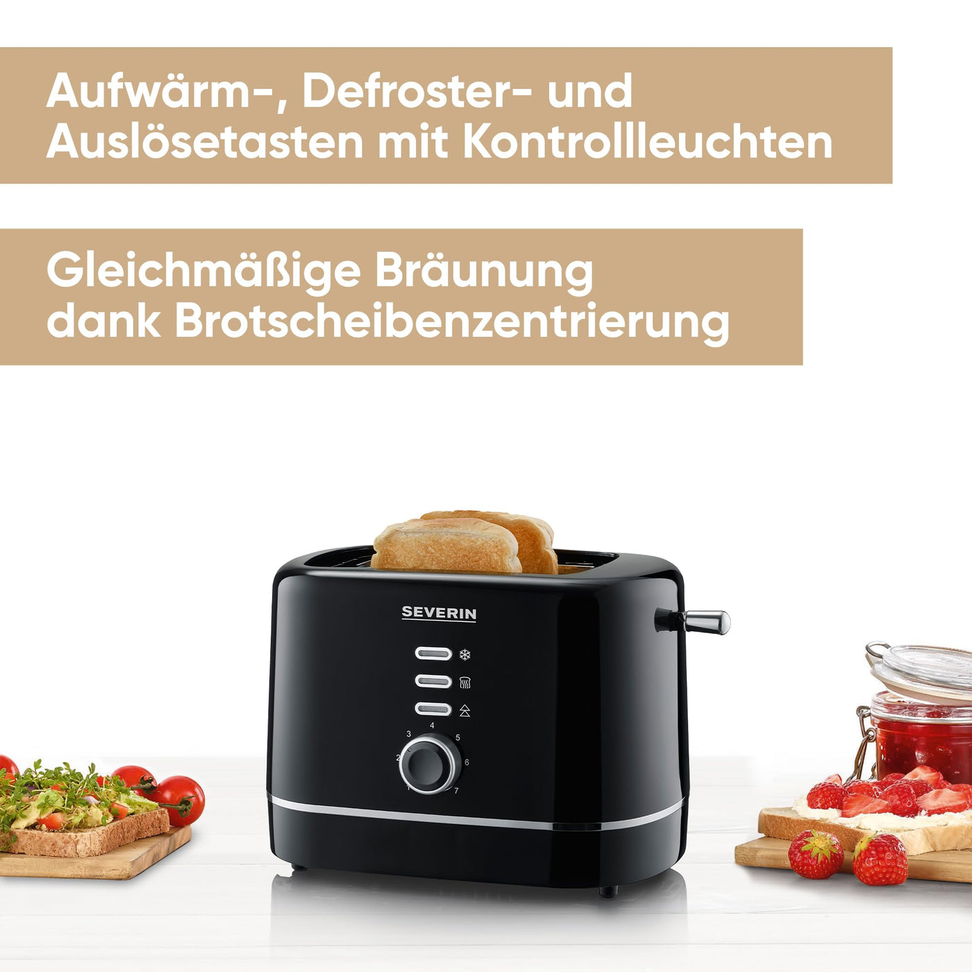 SEVERIN Automatik-Toaster, kleiner Toaster für 2 Scheiben , hochwertiger schwarzer Toaster zum Toasten, Auftauen und Erwärmen, 850 W, schwarz, AT 4321