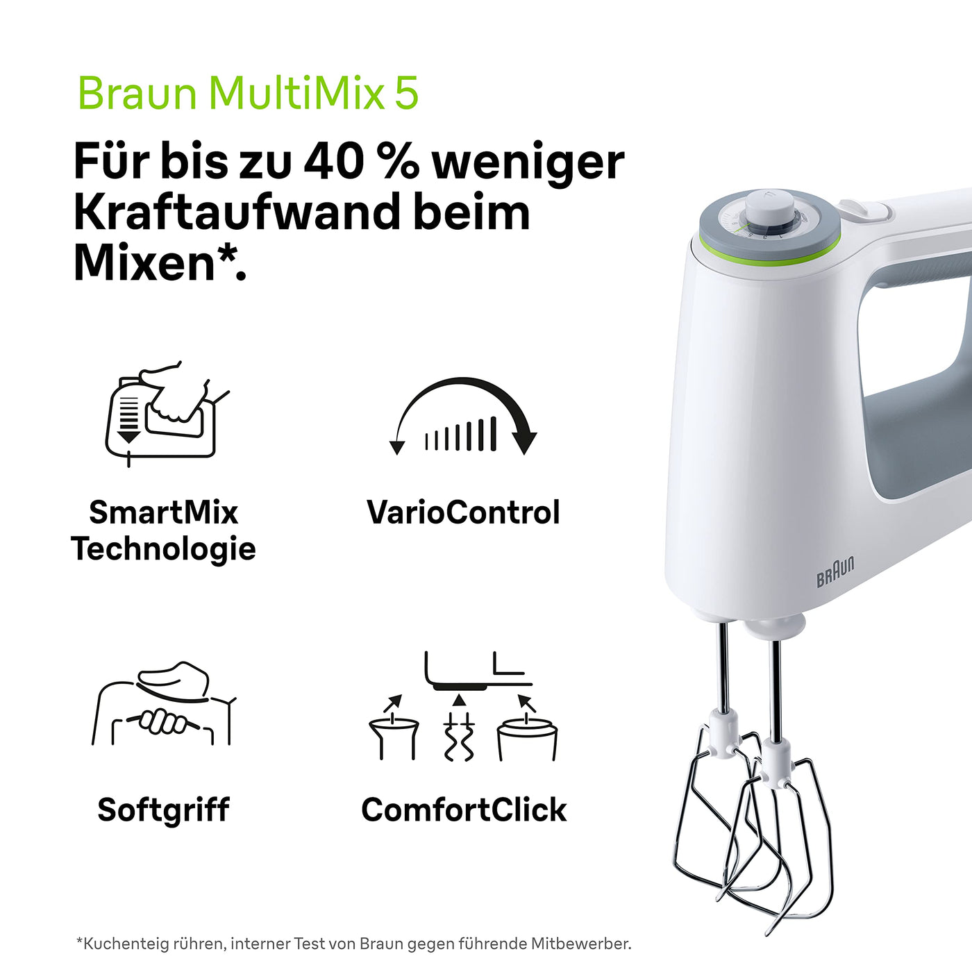 Braun MultiMix 5 HM 5137 Handmixer – Handrührgerät mit stufenloser Geschwindigkeitsregelung, inkl. Schneebesen, Knethaken, Pürierstab, Zerkleinerer und 600 ml Mix- und Messbecher, 750 Watt, weiß