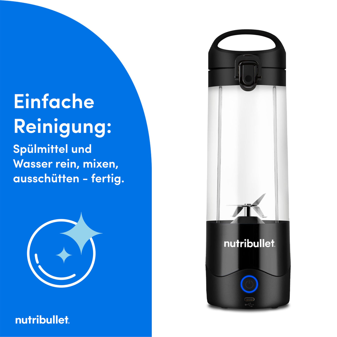 nutribullet Portable Mixer, 475ml BPA-freies Tritan Becher, Mini-Mixer mit 4-Punkt-Edelstahlklinge, Multifunktionsmixer, USB-C-Ladegerät, 15+ Mixvorgänge, NBP003B, Black