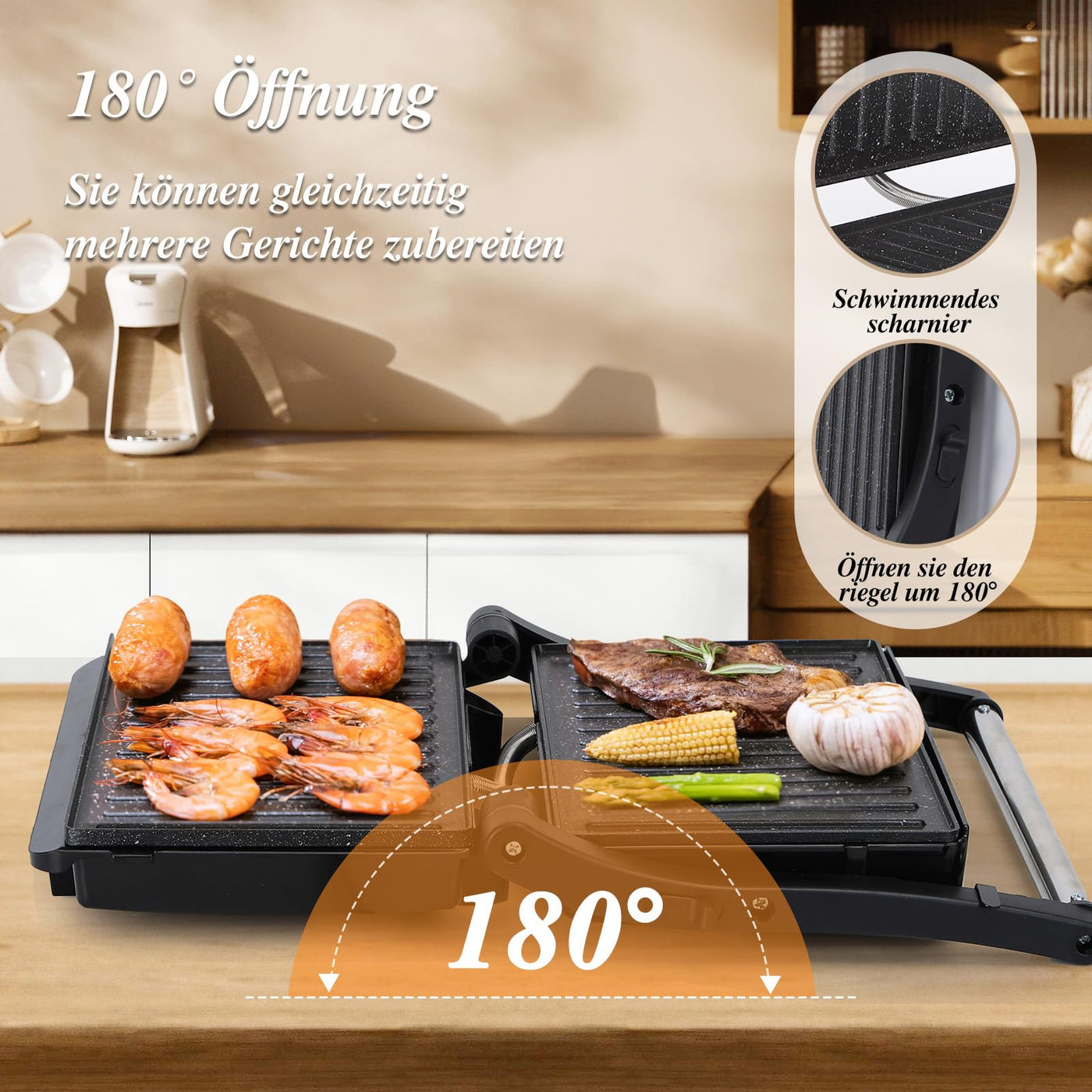 Aigostar York Pro - Kontaktgrill für Sandwiches, Steak, Panini Grill und Sandwichmaker mit Antihaftbeschichtet, 1000W, 23 x 14,5cm, 180º Öffnung, Leicht zu Reinigen.