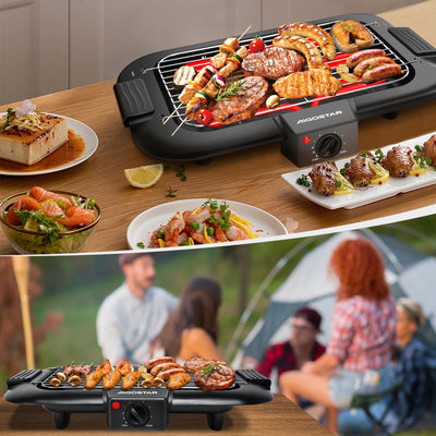 Aigostar Rauchfreier Tischgrill Barbecue Elektrogrill Elektrischer BBQ Grill 2000 Watt Antihaftbeschichtete Grillfläche 36 x 21cm, Abnehmbarer Fettauffangschale, Thermostat, Schwarz