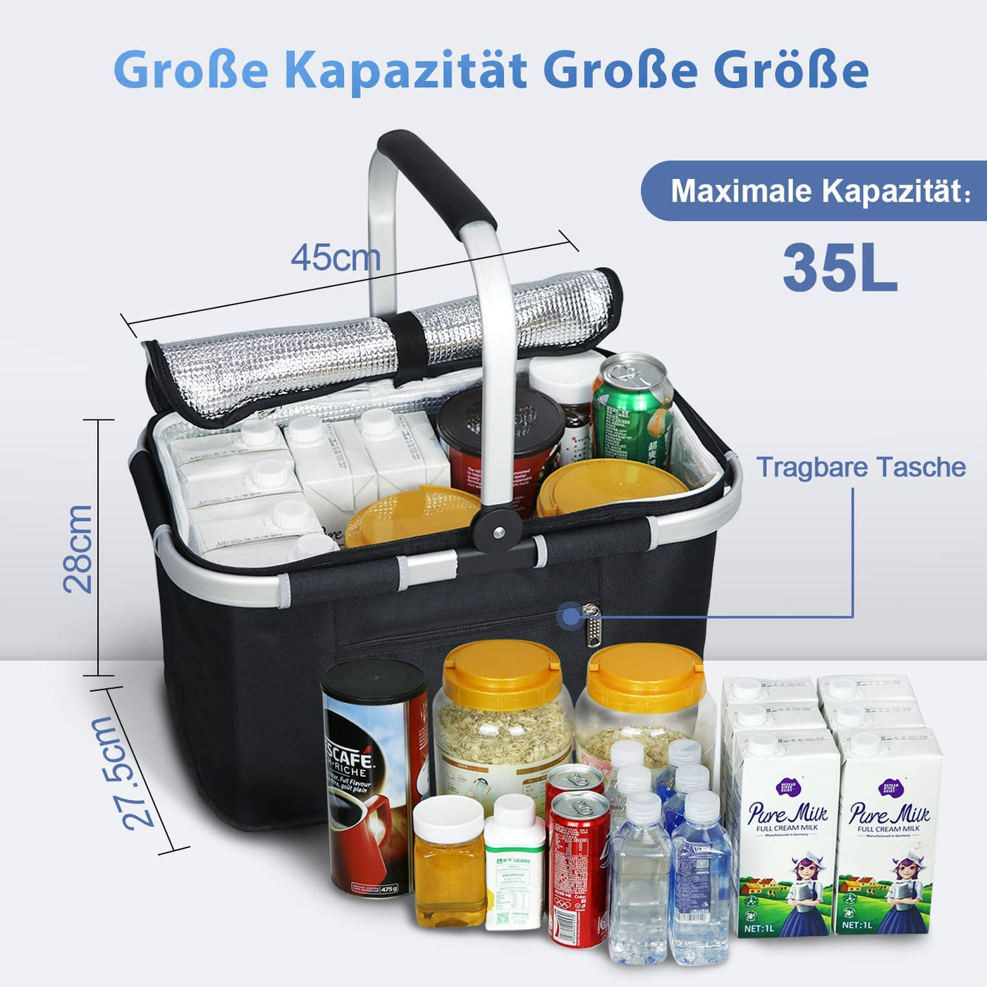 ABIUBIU 34L Kühltasche Einkaufskorb Picknickkorb Große isolierte Kühlkorb Lunchtasche Camping Picknick Reisen Seitenstütze Aufrecht Halten Frauen