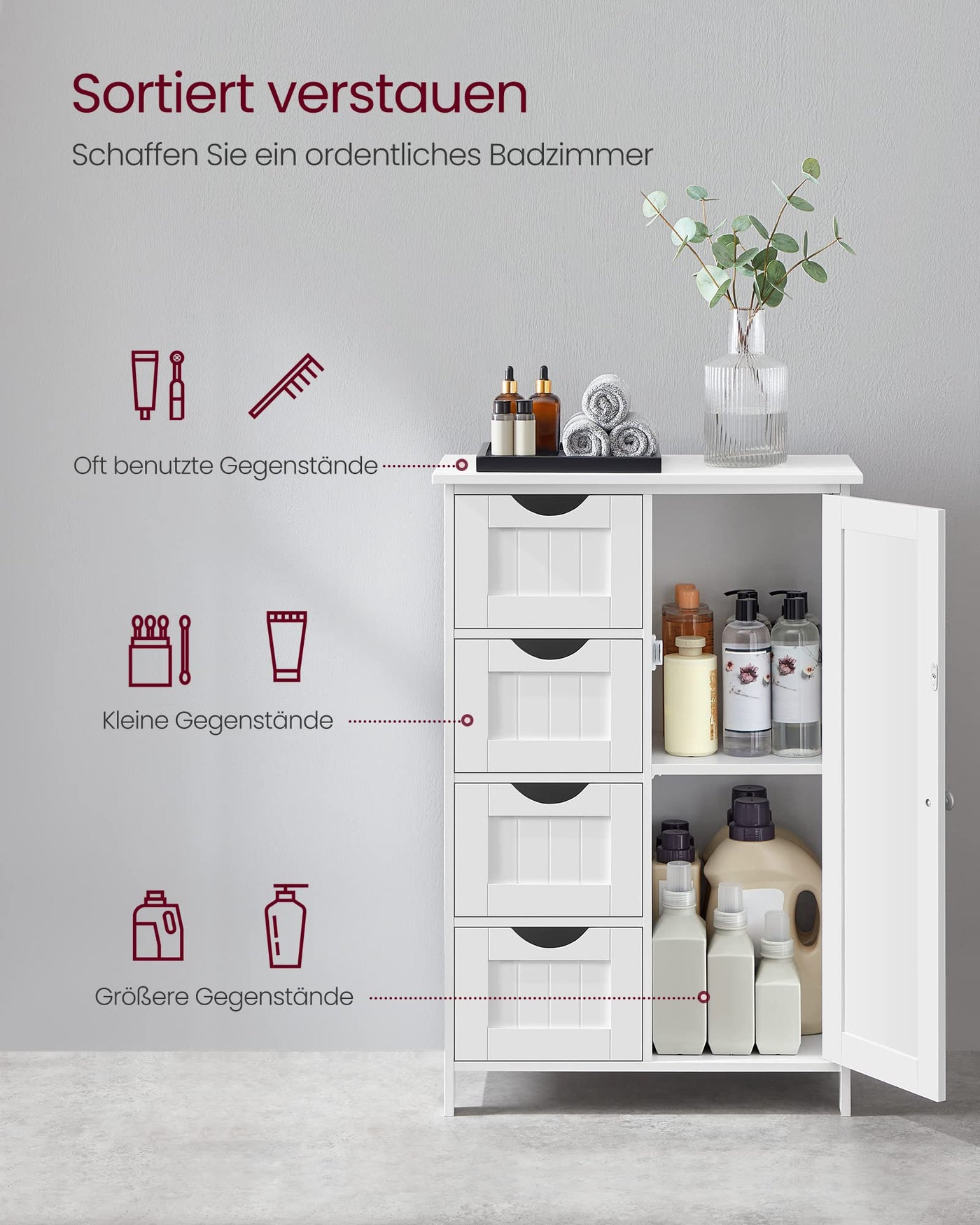 VASAGLE Badezimmerschrank, schmaler Badschrank, Beistellschrank, Kommode, mit 4 Schubladen, Schranktür, verstellbare Ablage, 30 x 55 x 82 cm, weiß LHC41W