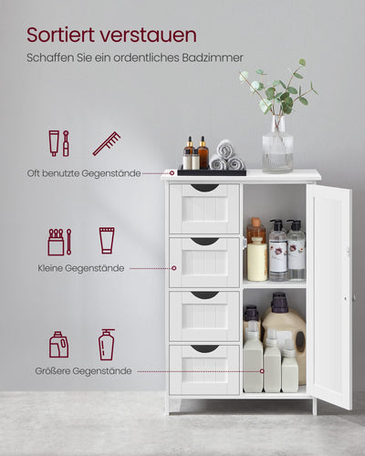 VASAGLE Badezimmerschrank, schmaler Badschrank, Beistellschrank, Kommode, mit 4 Schubladen, Schranktür, verstellbare Ablage, 30 x 55 x 82 cm, weiß LHC41W