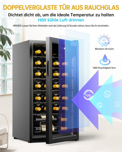 WIE Weinkühlschrank Compressor 82 Liter 28 Flaschen Getränkekühlschrank Kleiner Weinschrank Klein mit Glastür,Vollglas-Designtür mit LED Touchpanel,Anti-UV, Wine Fridge 5-18°C