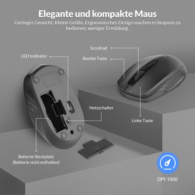 【2-Pack】 Rii Tastatur Maus Set kabellos, Funktastatur mit Maus, Wireless Keyboard and Mouse, Für PC/Laptop/Windows/Smart TV, Deutsches Layout - schwarz