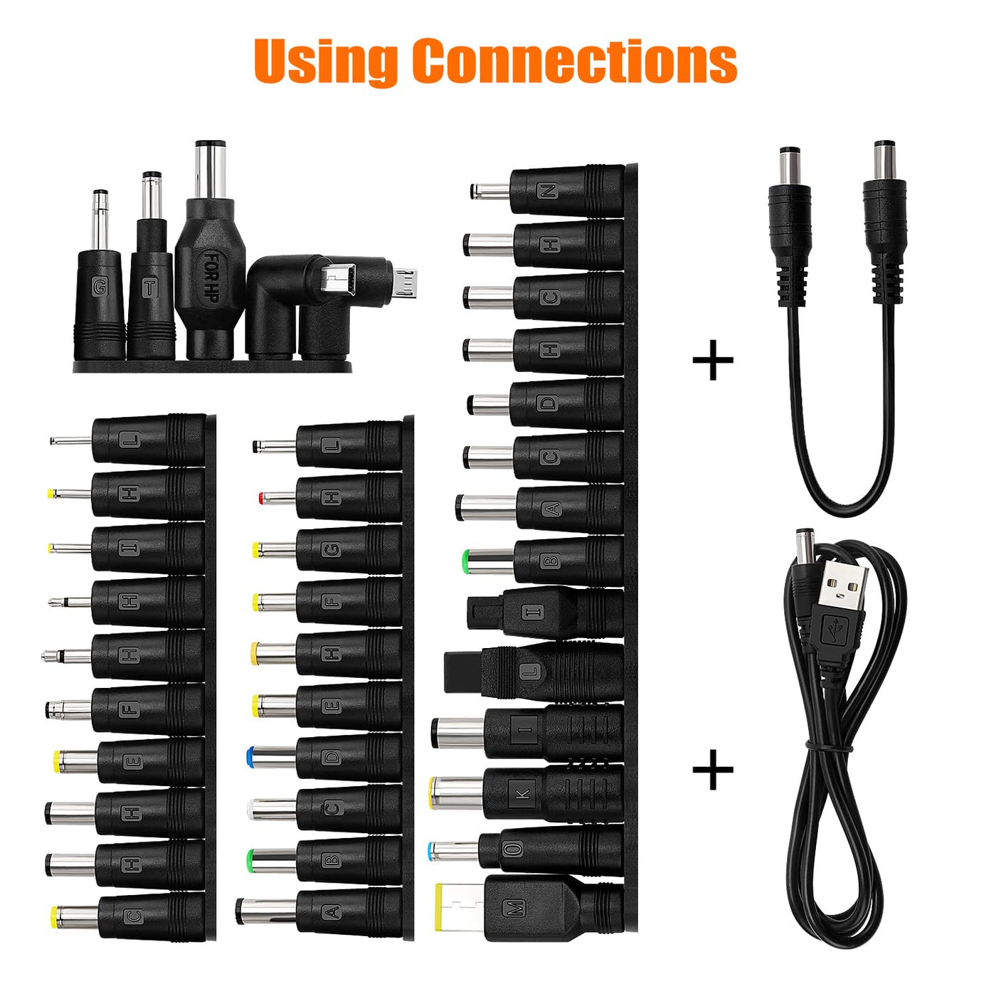 39 Stücke Universal DC Netzteil Adapter, 5.5x2.1mm KUOQIY DC Hohlstecker Adapter mit 2 Stücke Kabel für Laptop Netzteil, Kompatibel mit HP Dell ASUS Lenovo Acer