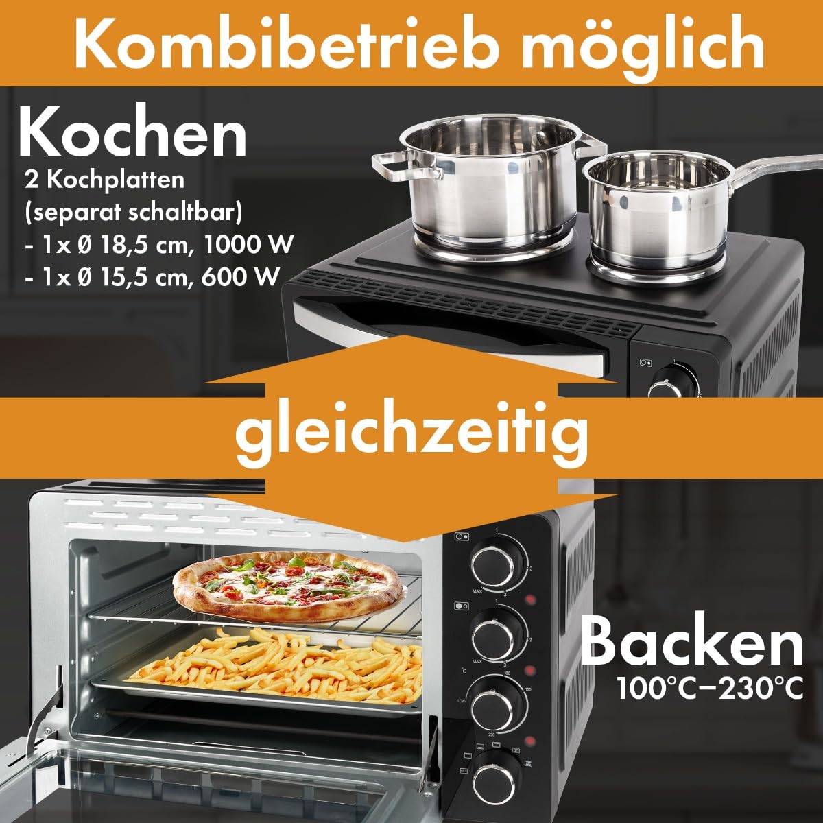 Clatronic® Mini-Backofen mit Kochplatten und Drehspieß | gleichzeitig kochen u. backen | Minibackofen 28L Umluft Ober-/Unterhitze 100°-230°C | Elektrischer Mini Ofen 3100 Watt inkl. Zubehör | KK 3786