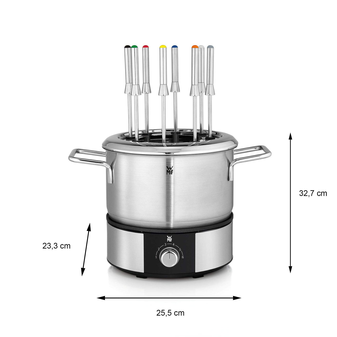 Service à fondue WMF Lono pour 8 personnes, fondue électrique, 1400 W, contrôle de la température, support de fourchette, marmite à induction 1,2 l, marmite, acier inoxydable mat