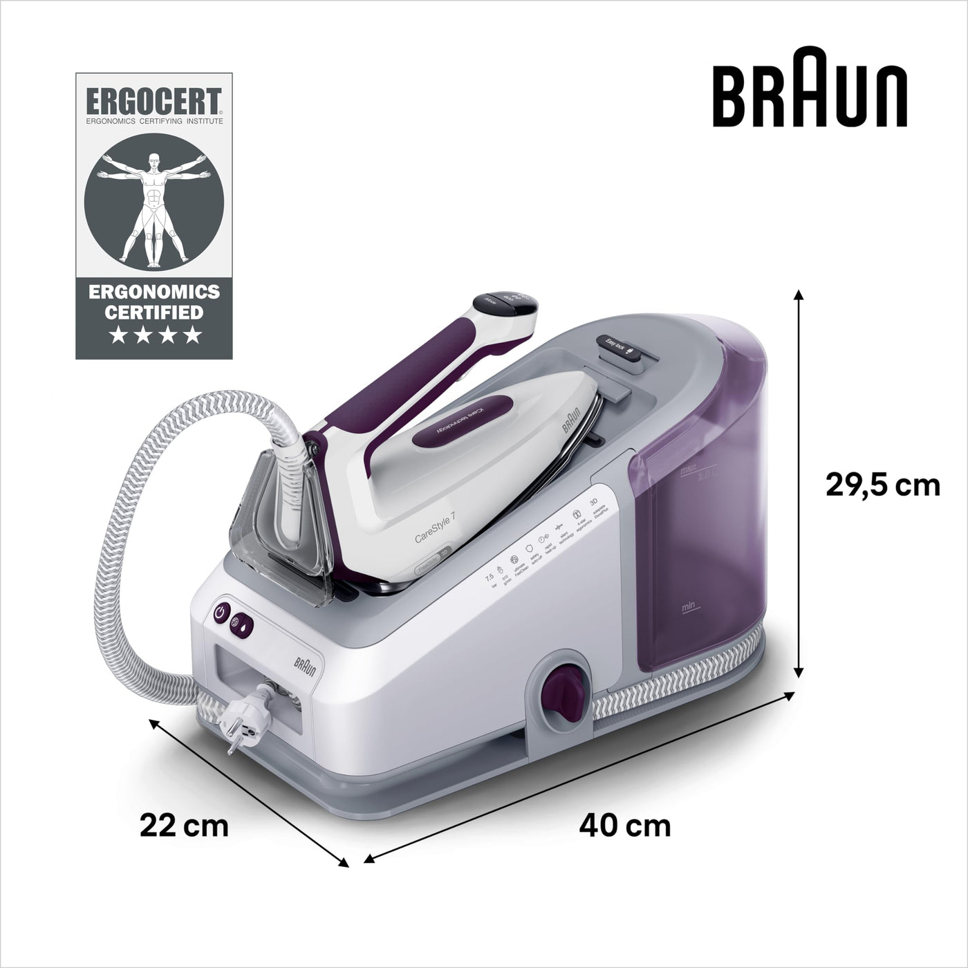 Braun CareStyle 7 IS 7266 VI Dampfbügelstation, FreeGlide 3D Bügelsohle, iCare-, iMode- & Vertikaldampf-Funktion, FastClean, Dampfstoß 550 g/min, Abnehmbarer 2 L Wassertank, 2700 W, Weiss-Violett