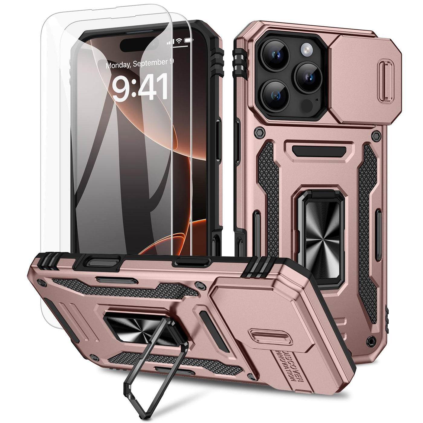 Doeshine Hülle für iPhone 16 Pro, Handyhülle mit 2 Stück Displayschutzfolie & Kameraschutz, 360 Grad Magnetisch Ring Ständer, Robust Militär Shockproof Schutzhülle für iPhone 16 Pro（Roségold）