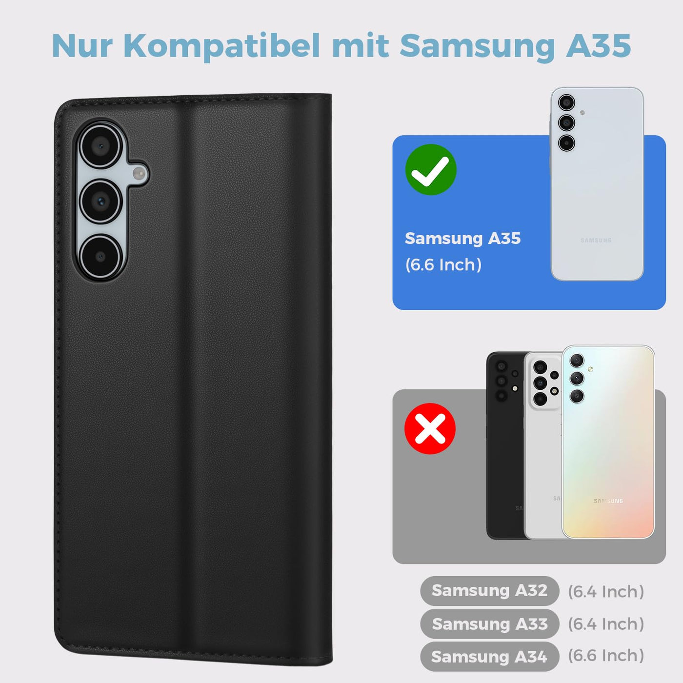 Handyhülle für Samsung Galaxy A35 5g Hülle, Premium Lederhülle Schutzhülle Tasche für Samsung A35 Hülle Wallet Kartenfach Standfunktion Klappbar Flip Case für Galaxy A35 5g Hülle, Schwarz