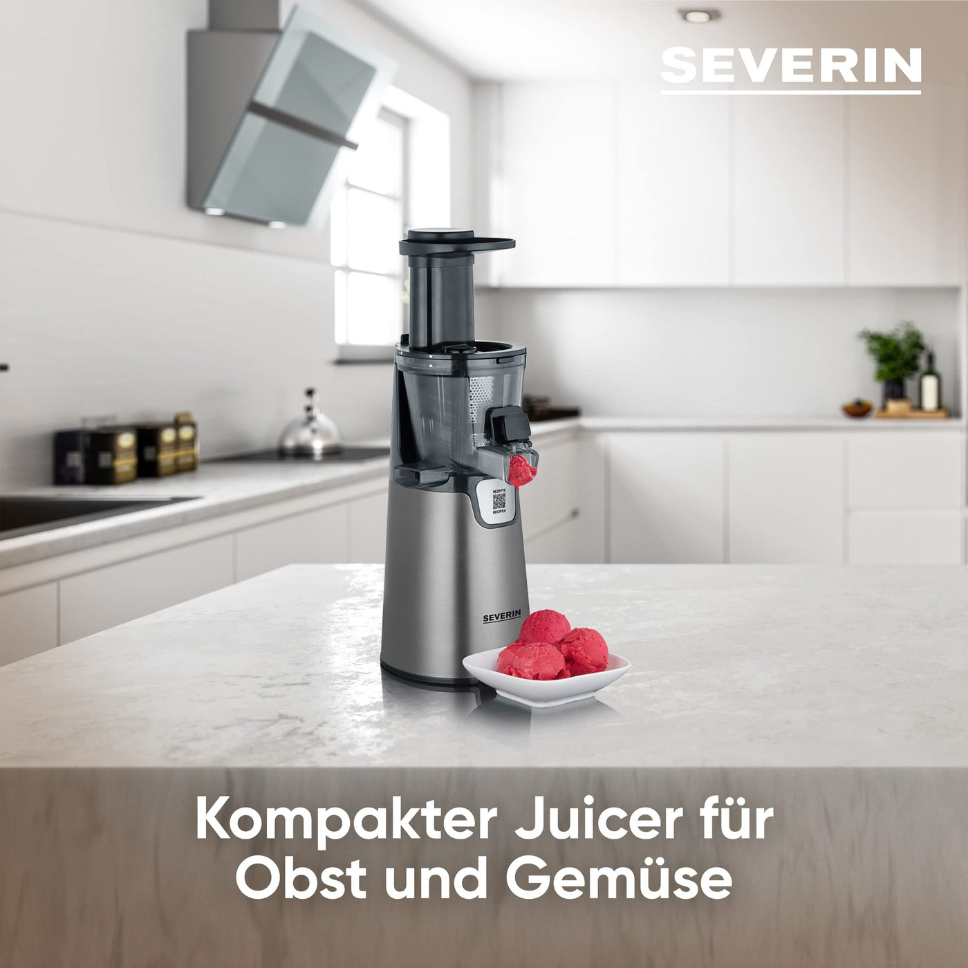 SEVERIN Slow Juicer – Entsafter für Saft, Sorbet, Eis, Marmelade uvm., elektrische Saftpresse aus Edelstahl, einfache Reinigung dank Easy-Clean Konzept, 1L Auffangbehälter, 150 Watt, ES 3571