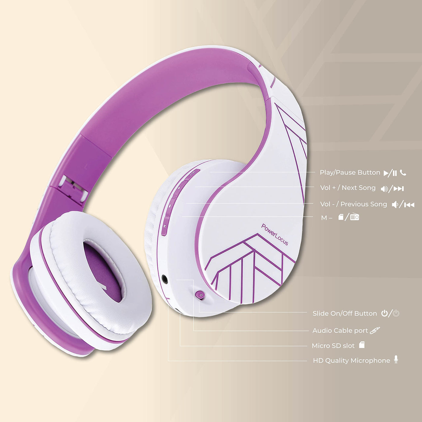 PowerLocus Bluetooth Over-Ear Kopfhörer, Kabellos Stereo Faltbare Kopfhörer Kabellose und Kabel-Kopfhörer mit Integriertem Mikrofon, Micro SD/TF, FM für Handys/iPad/Laptops & PC (Weiß/Violett)