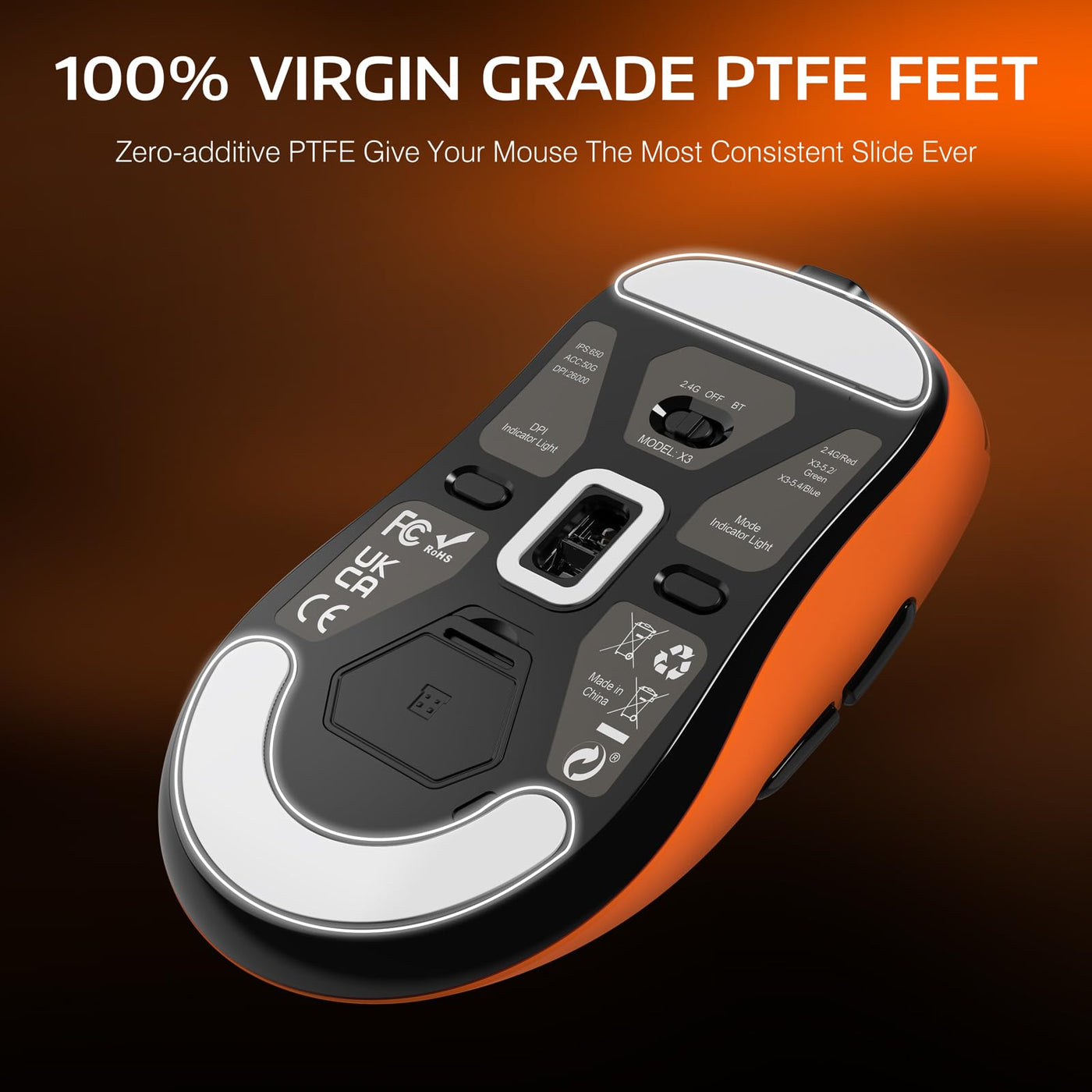 VGN GAMEPOWER x Attack Shark X3 Superlight Kabellose Gaming-Maus, 49g Ultraleicht Mouse, 26000DPI, PixArt PAW3395, 2.4G/BT/Kabelgebunden, PTFE Feet, Bis zu 200 Std. Akku, G502, PC/Xbox/PS/Mac, Orange