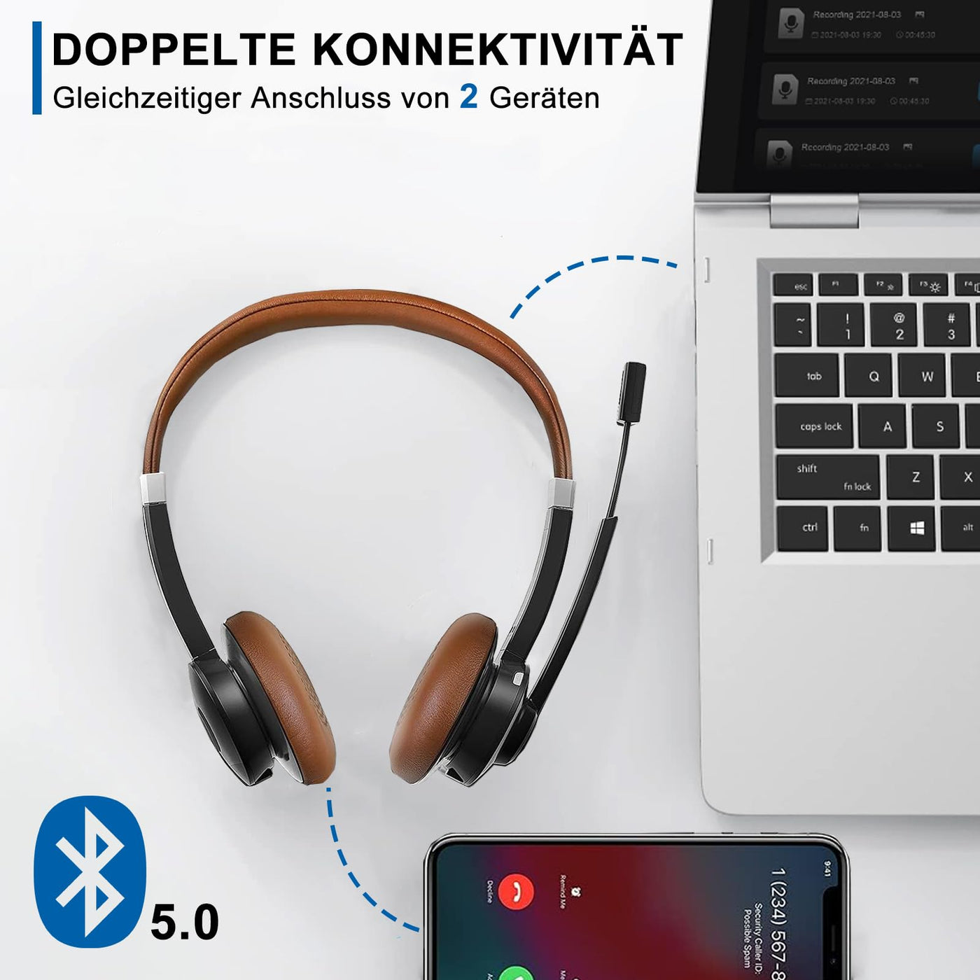 Conambo Bluetooth Headset mit Mikrofon,Kabelloses Headset mit Mikrofon mit HD Stereo Sound & 25 Stunden Spielzeit,Headset Bluetooth 5.0 mit USB-A Dongle für Laptop/PC/Mac-DSP Geräuschunterdrückung