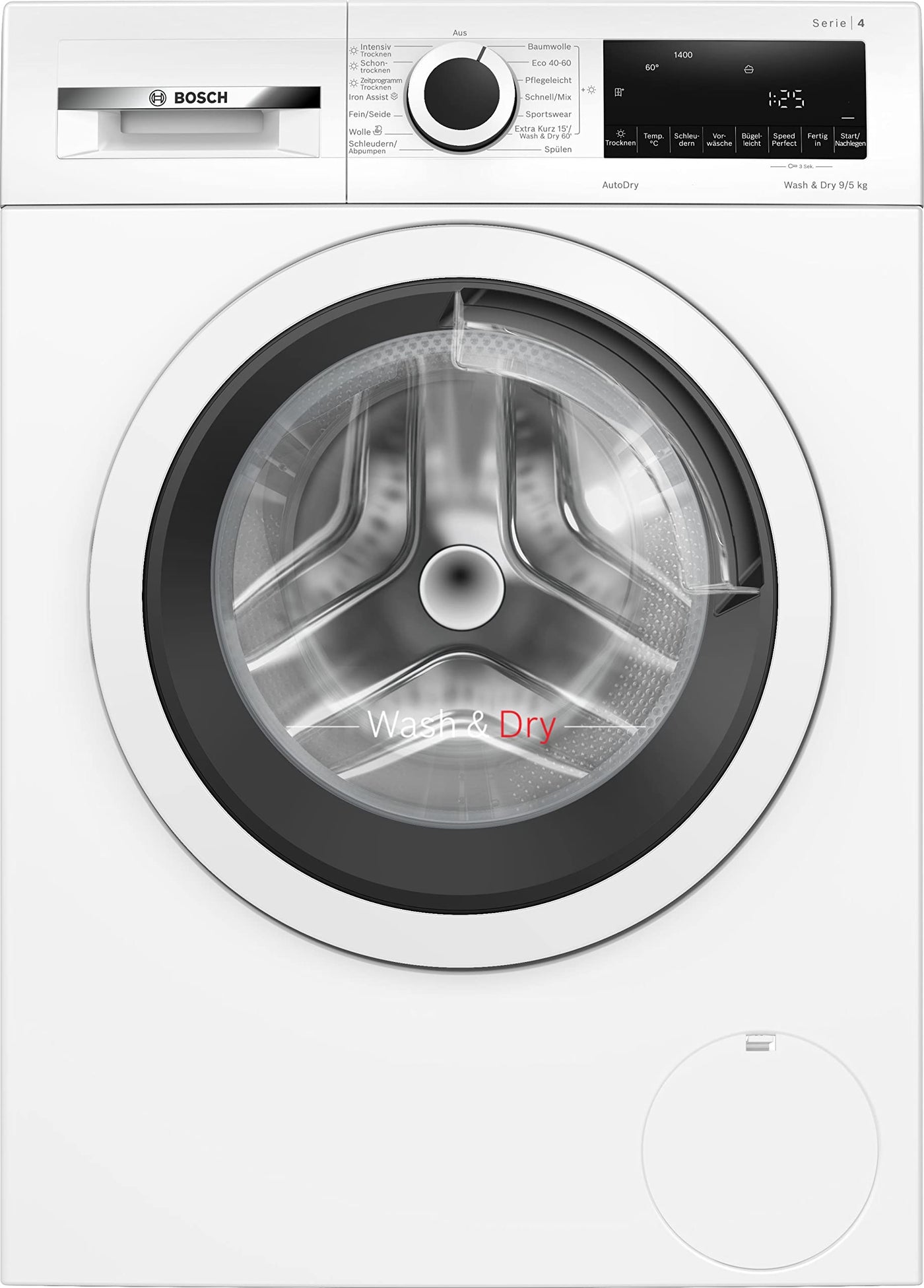 Bosch WNA13441 Serie 4 Waschtrockner, 9 kg Waschen & 5 kg Trocknen, 1400 UpM, optimale Trocknung, clevere Dampfbehndlung, leiser und effizienter Motor, Wäschepflege in 60 Minuten