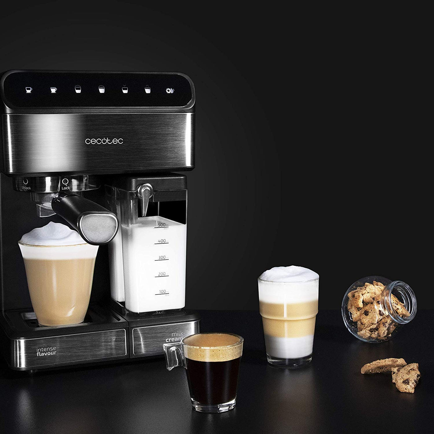 Cecotec Halbautomatische Espressomaschine Power Instant-ccino 20 Touch Serie Nera. 1350 W, 20 Bar Druck, 500 ml Milchtank, Touch-Steuerung, 1,4 Liter Wassertank, Edelstahl-Finish