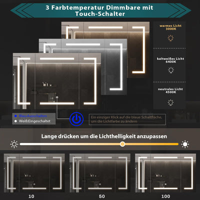 DICTAC Spiegelschrank Bad mit LED Beleuchtung und Steckdose 100x60x13.5 cm Metall Bad Spiegelschrank mit licht Badschrank mit Spiegel und Regale,3 Farbtemperatur dimmbare,Berührung Sensorschalter,Weiß