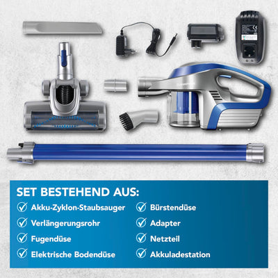 CLEANmaxx Akku-Zyklon-Staubsauger beutellos mit Akku | 2-in-1 Handstaubsauger, elektrisch rotierende Power-Rotation Düse | Energiesparen, 150 Watt [Blau/Grau]