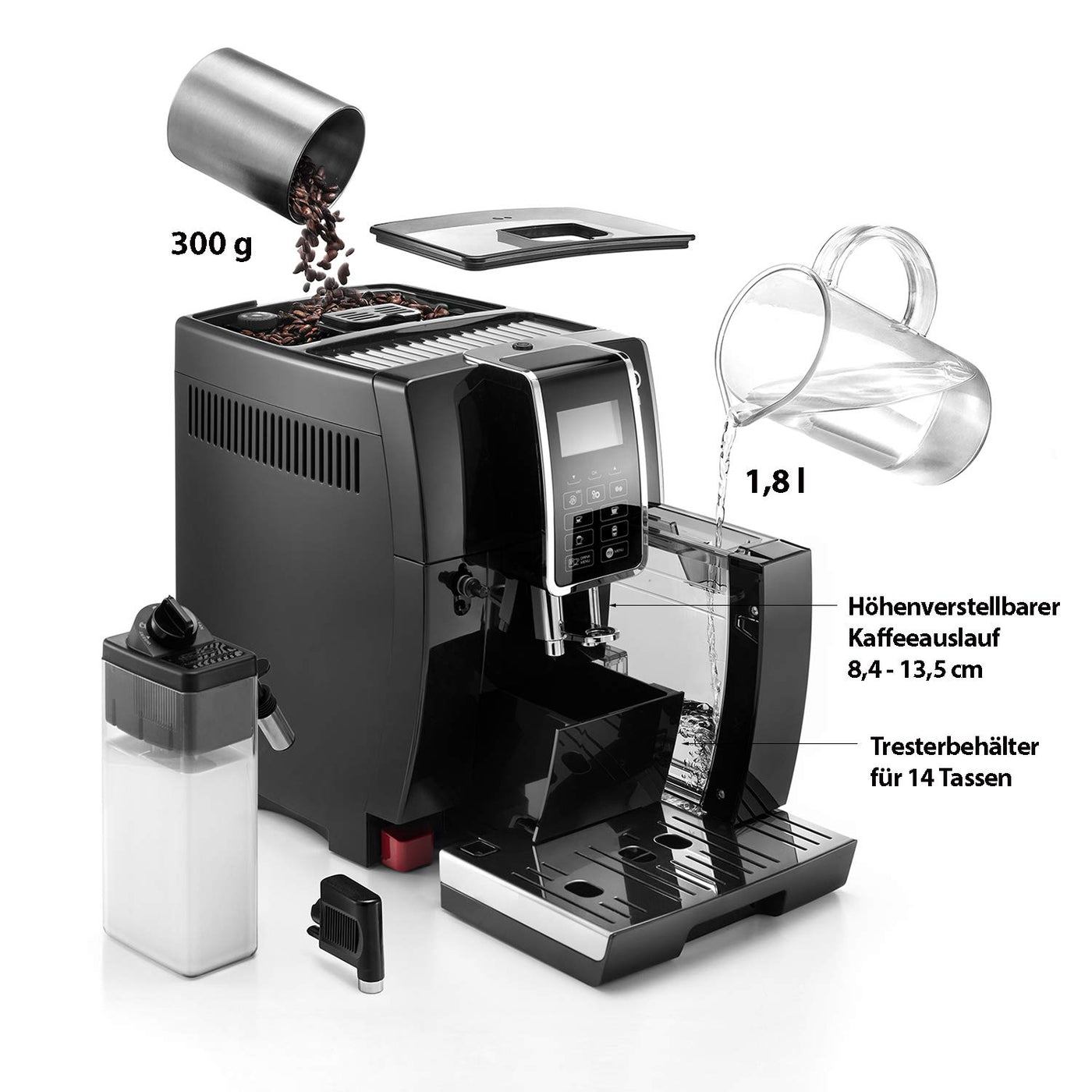 De'Longhi Dinamica ECAM 350.55.B Kaffeevollautomat mit LatteCrema Milchsystem, Cappuccino, Espresso und Kaffee auf Knopfdruck, Digitaldisplay, 2-Tassen-Funktion, Großer 1,8 Liter Wassertank, Schwarz