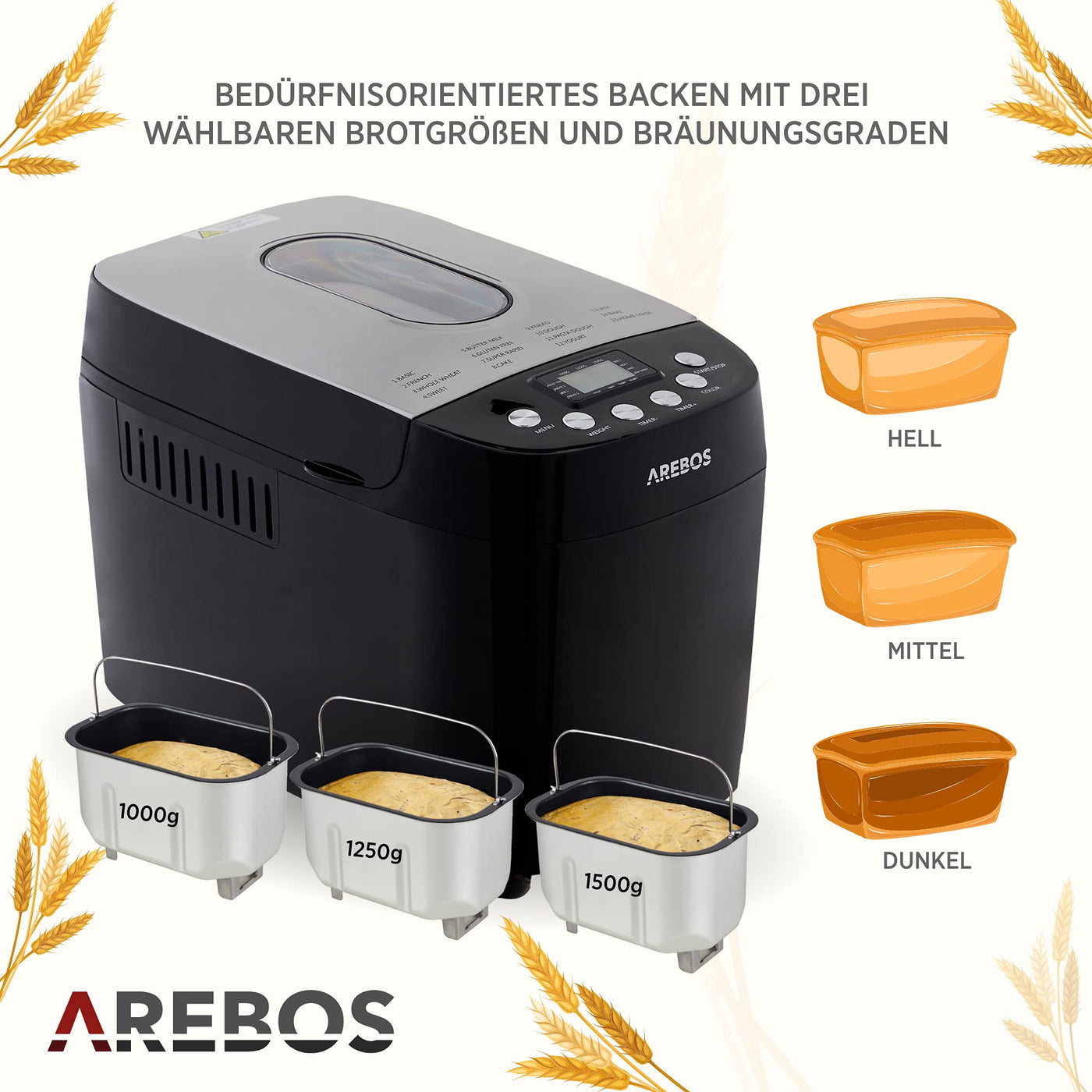 Arebos Brotbackautomat 1500g | mit 15 Programmen | 2 Knethaken | Timer | LCD Display | 3 Bräunungsgrade und Brotgrößen | 850 W | Schwarz