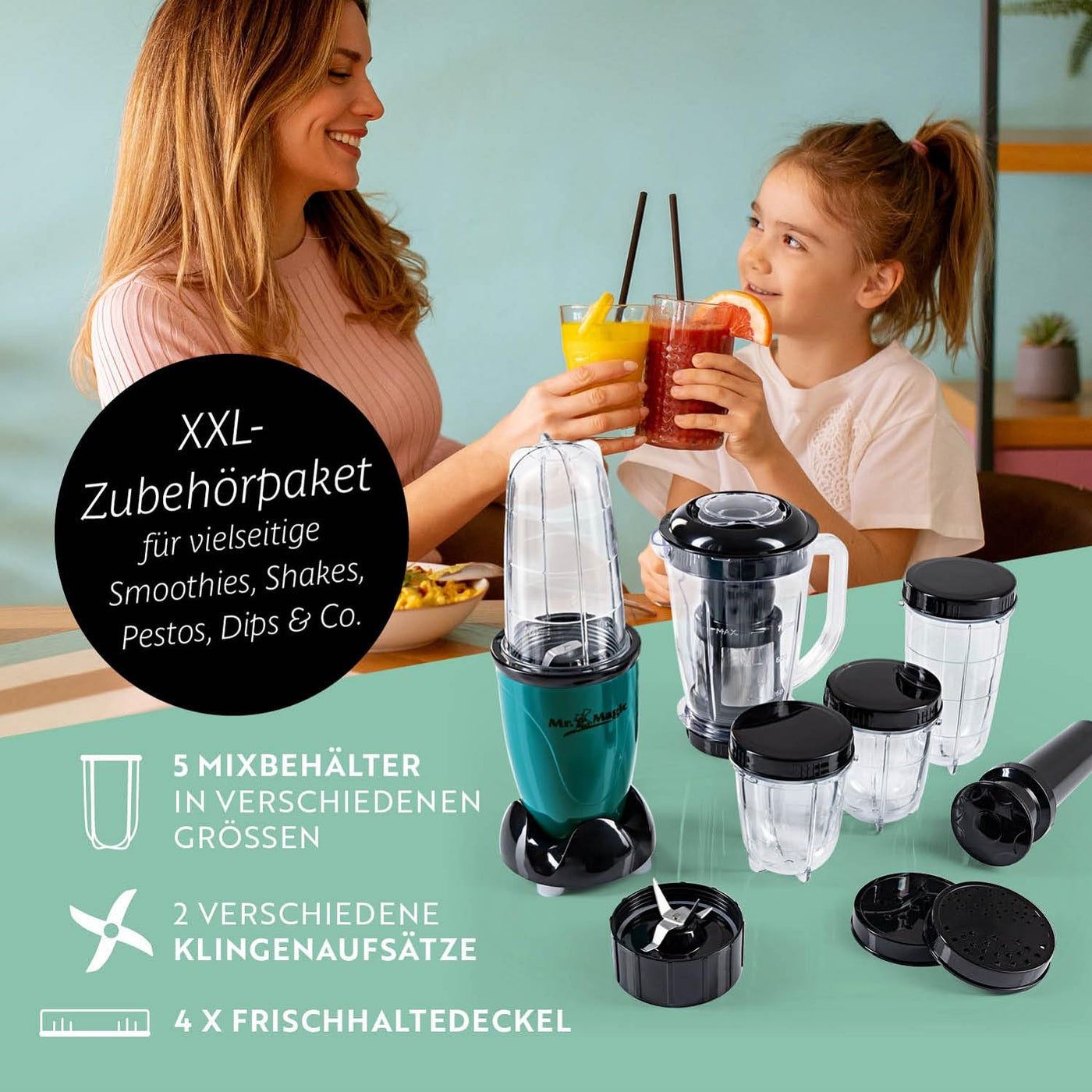 GOURMETmaxx Mr. Magic Mixer | Smoothie Maker mit XXL-Zubehörpaket | Standmixer 18-tlg. | Blender mit auslaufsicheren Frischhaltedeckeln | Food Processor für Shakes, Smoothies etc.