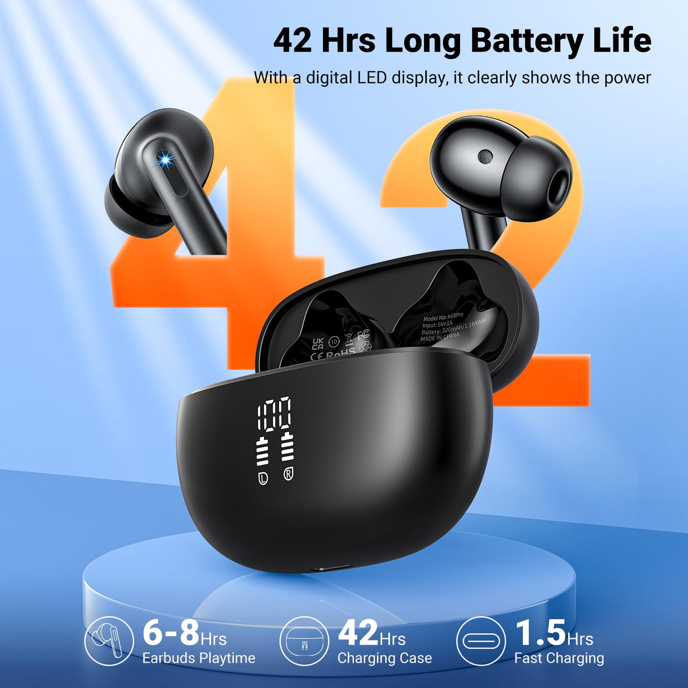 Bluetooth Kopfhörer in Ear Kopfhörer Kabellos Bluetooth 5.3 HiFi Stereoklang, Kopfhörer mit 4 ENC Noise Cancelling Mic, 42H Kabellose Kopfhörer con LED Anzeige Ladekoffer, IPX7 Wasserdicht Ohrhörer