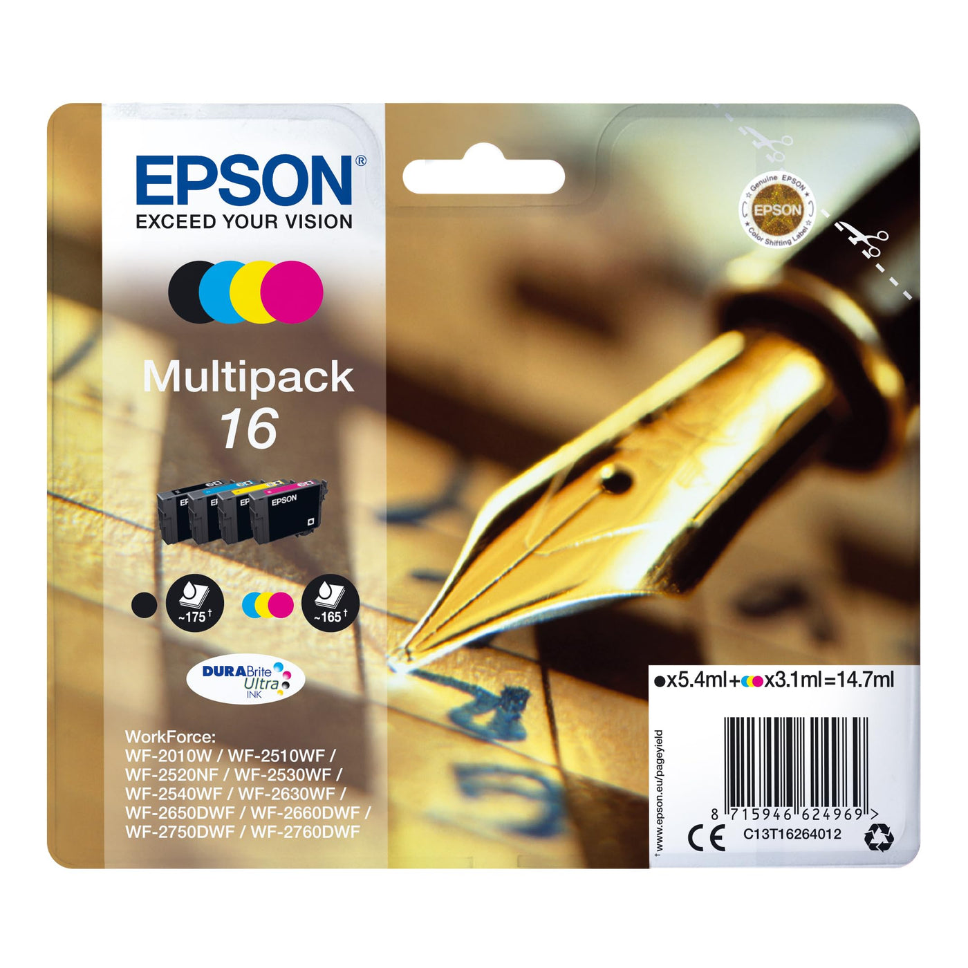 Epson Original 16 Tinte Füller (WF-2630WF, WF-2650DWF, WF-2660DWF, WF-2750DWF, WF-2760DWF), Multipack 4-farbig