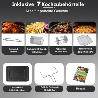 LLIVEKIT Heißluftfritteuse Heißluft-Backofen 12L, Mini-Backofen 1800W mit 6 Zubehör & Rezeptbuch, 12 in 1 Heissluftfritteuse mit digitalen LED-Display, Obst Dehydrator, Barbecue, Air Fryer ohne Öl