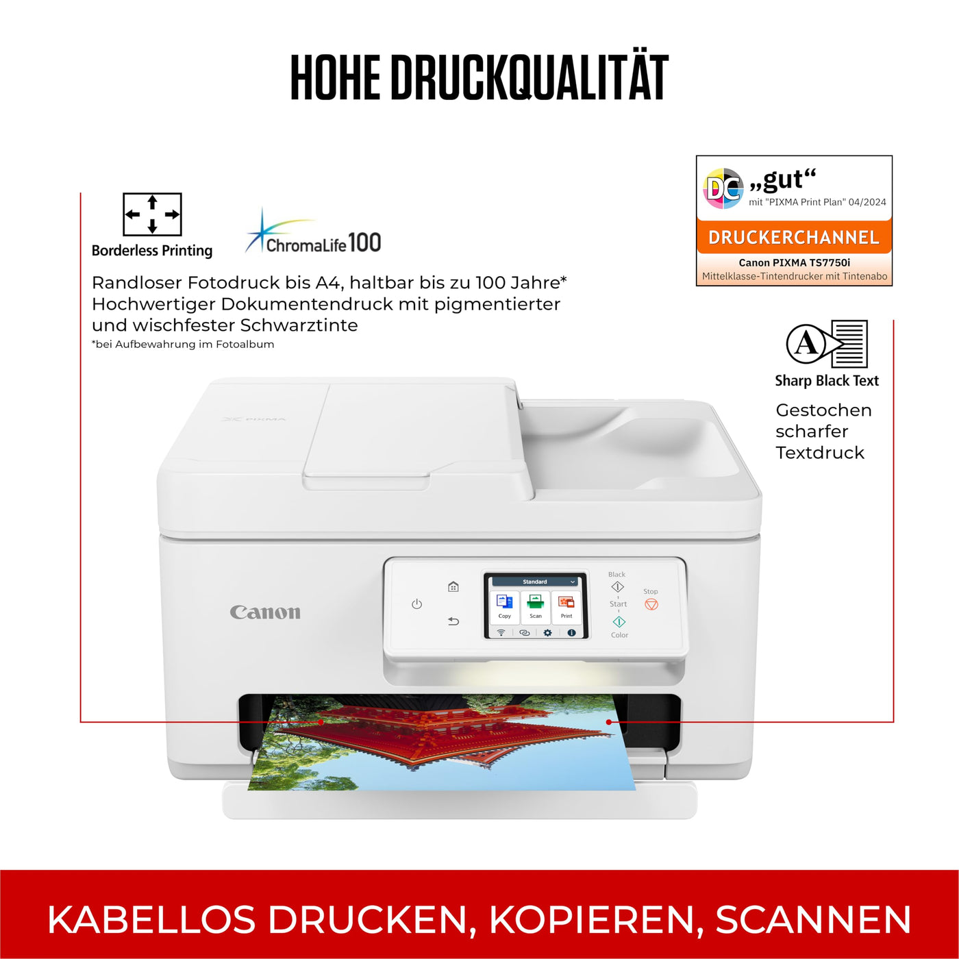 Canon PIXMA TS7750i Multifunktionsdrucker 4in1 (Tintenstrahl,Drucken, Kopieren, Scannen,Faxen, A4, 6,7 cm Touch, WLAN, 35 Blatt ADF, 2 Papierzuführungen, kompatibel mit Pixma Print Plan "Abo") Weiß