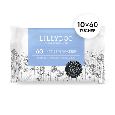 LILLYDOO Baby Feuchttücher mit 99% Wasser, 10 x 60 Stück (600 Feuchttücher), 100% plastikfreies Tuch, ohne Parfüme & mild wie Watte und Wasser (FSC Mix)