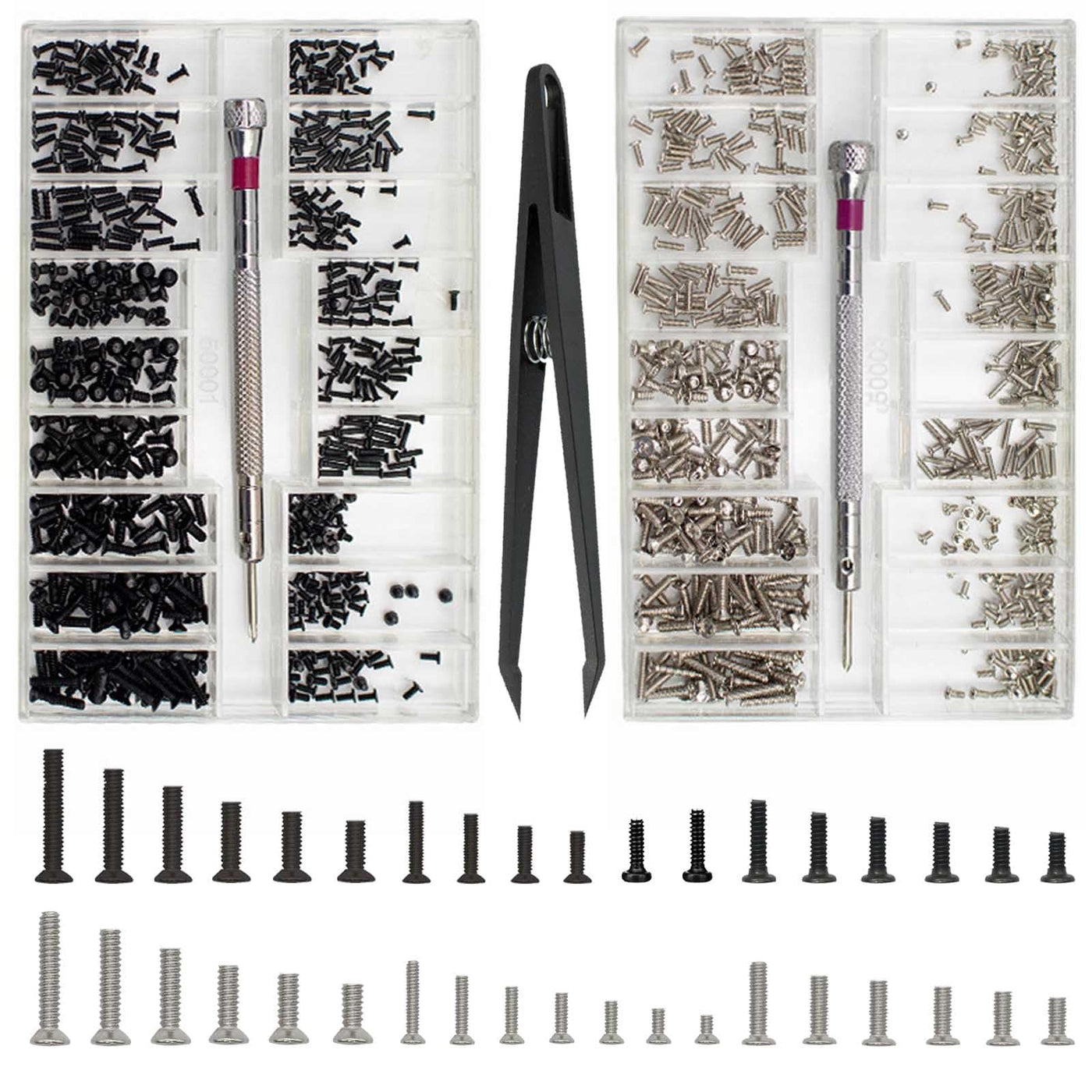 Kit d'assortiment de petites vis 1000 pièces, ensemble de micro-vis M1.2 M1.4 M2, vis de remplacement pour lunettes de montre, ordinateur, ensemble de petites vis de réparation avec tournevis et pince à épiler, argent noir