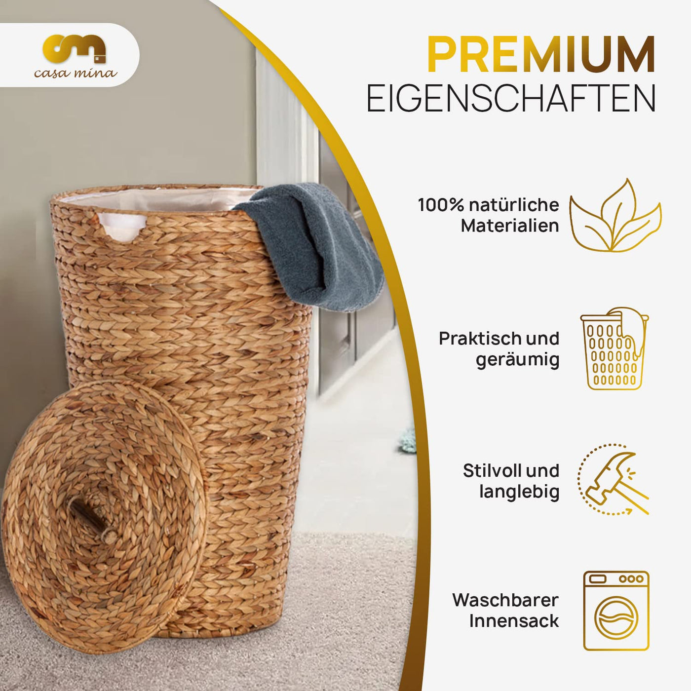 Casa Mina® Wäschekorb mit Deckel D35 x H55cm hoch I Atmungsaktiver Wäschekorb geflochten aus 100% Naturfaser I Robuster Wäschesammler mit Griffen & waschbarem Innensack I Wäschekörbe - Lombok