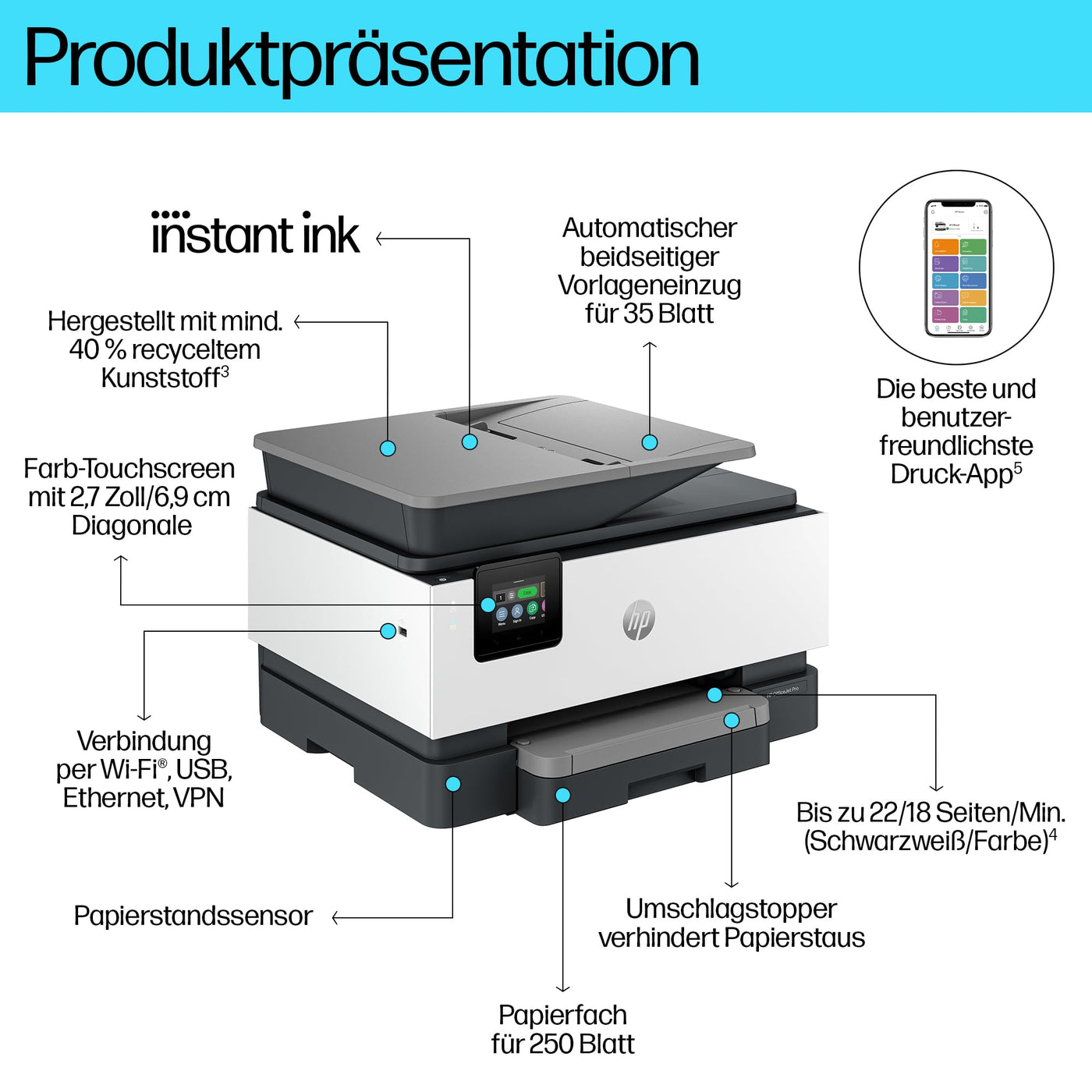 HP OfficeJet Pro 9120e Multifunktionsdrucker, 30€ Cashback, 3 Monate gratis drucken mit HP Instant Ink inklusive, HP+, Drucker, Scanner, Kopierer, Fax, WLAN, LAN, Duplex, Airprint, Grau-Weiß