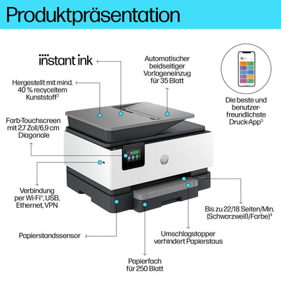 HP OfficeJet Pro 9120e Multifunktionsdrucker, 30€ Cashback, 3 Monate gratis drucken mit HP Instant Ink inklusive, HP+, Drucker, Scanner, Kopierer, Fax, WLAN, LAN, Duplex, Airprint, Grau-Weiß