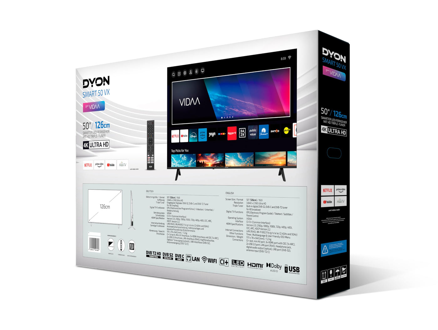 DYON Smart 50 VX - 50 Zoll (126 cm) Fernseher (4K Ultra-HD Smart TV, Triple Tuner (DVB-C/-S2/-T2), App Store, Prime Video, Netflix, YouTube, DAZN, Disney+) [Mod. 2024]