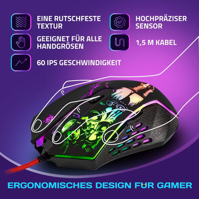 Defender Sin’Sister GM-933 Gaming Maus - Ergonomische, Kabelgebundene PC Maus mit Seitentasten, 7200 DPI Sensor, 6 DPI-Einstellungen, RGB-Beleuchtung, 5 programmierbare Tasten, USB, PC/Mac, Schwarz