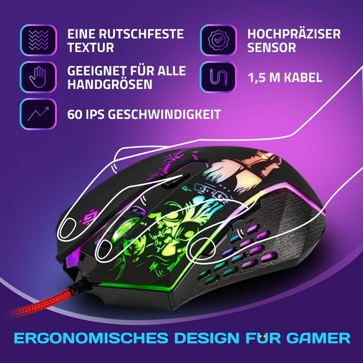 Defender Sin’Sister GM-933 Gaming Maus - Ergonomische, Kabelgebundene PC Maus mit Seitentasten, 7200 DPI Sensor, 6 DPI-Einstellungen, RGB-Beleuchtung, 5 programmierbare Tasten, USB, PC/Mac, Schwarz