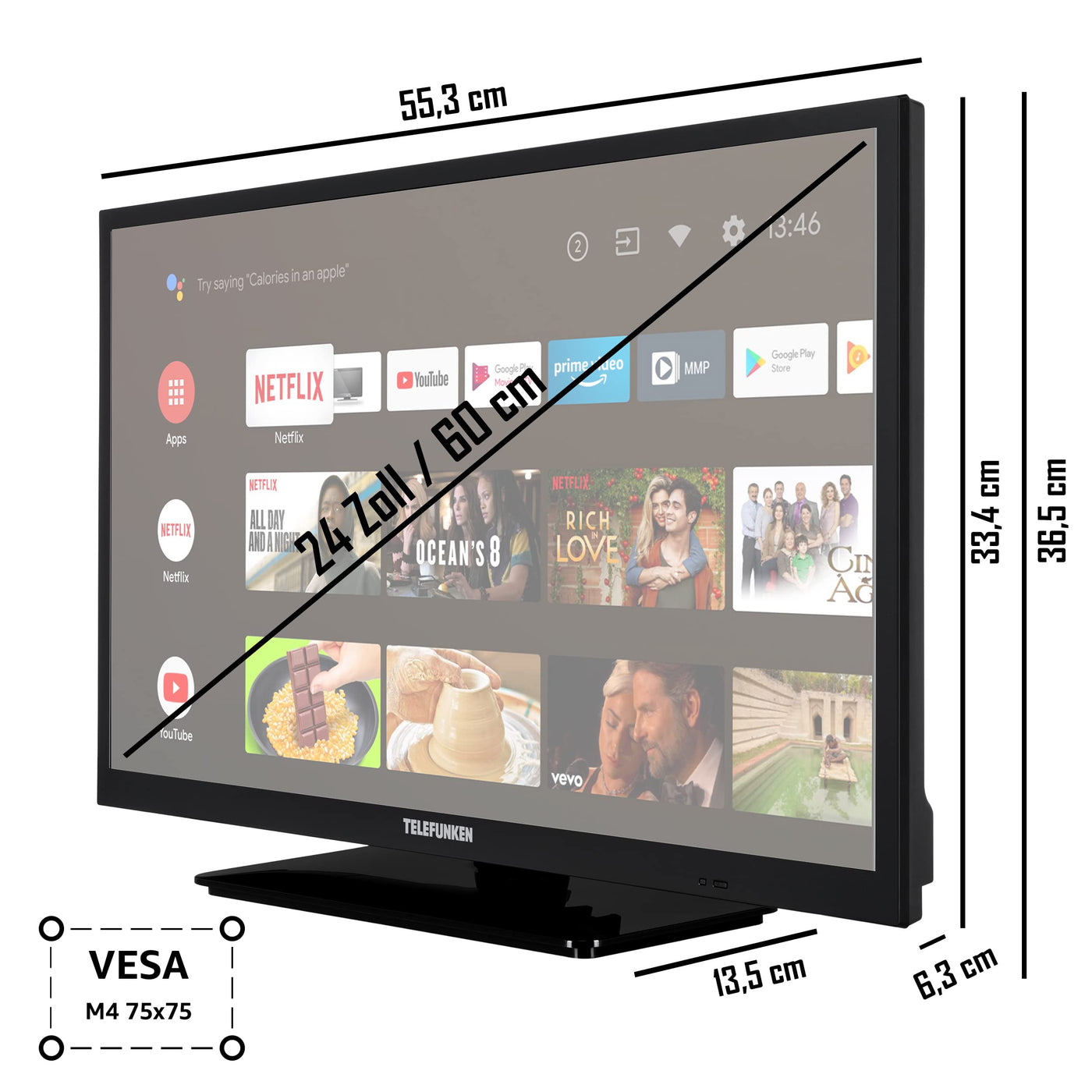 TELEFUNKEN XH24AN550MV 24 Zoll Fernseher/Android Smart TV (HD Ready, HDR, Triple-Tuner, 12 Volt, Bluetooth) [2023], Schwarz