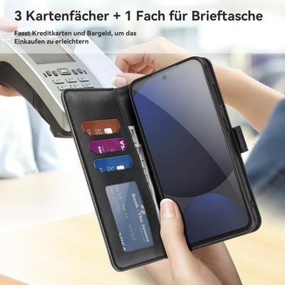 ivencase Handyhülle Kompatibel mit Samsung Galaxy S24 FE Hülle und Schutzfolie, Premium PU Schutzhülle [RFID-Blockierung] [Kartenfach] [Magnetverschluss] [Standfunktion] Flip Wallet Case, Schwarz