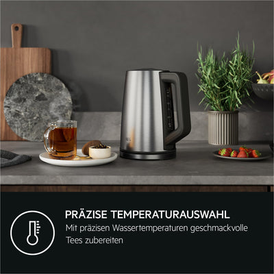 AEG Wasserkocher K5-1-6ST Deli 5 / 2400 Watt / 5 einstellbare Temperaturstufen / 1,7 l / 3-fache automatische Sicherheitsabschaltung / Anti-Tropf-Funktion / Einhand-Deckelöffnung / Edelstahl