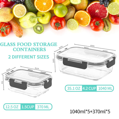 Glas-Frischhaltedosen Set - 10er Pack - Skroam Aufbewahrungsbox Glas für Lebensmittel (10 Deckel & 10 Behälter) BPA-frei Luftdichte Küchen Vorratsbehälter, Mikrowellen & Gefrierschrankfreundlich