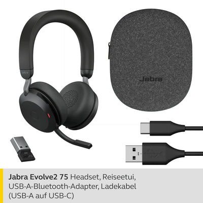 Jabra Evolve2 75 Wireless PC Headset mit 8-Mikrofon-Technologie - Dual-Foam-Stereo-Kopfhörer mit moderner aktiver Geräuschunterdrückung, USB-A Bluetooth-Adapter und MS Teams-Kompatibilität - Schwarz